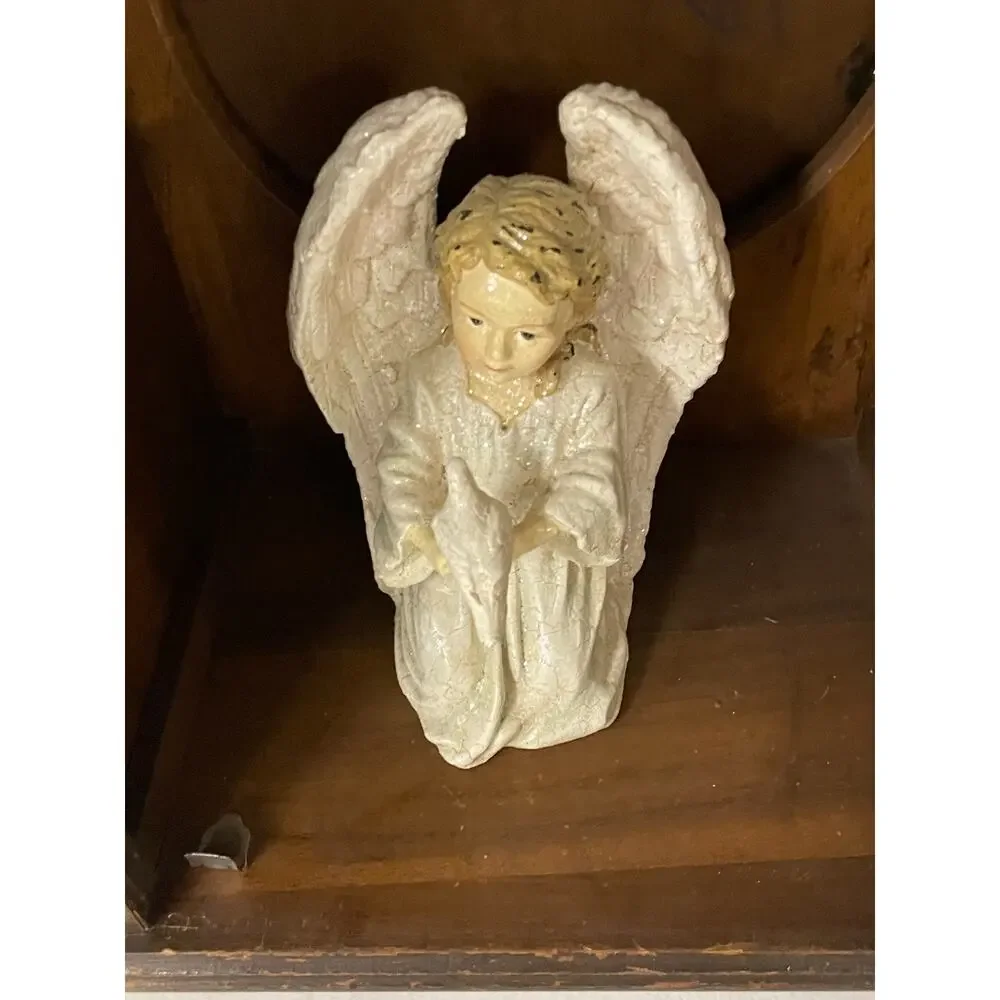 Vintage Wooden Cathedral Clock Case Cabinet Shrine Arched Door Angel Figurine